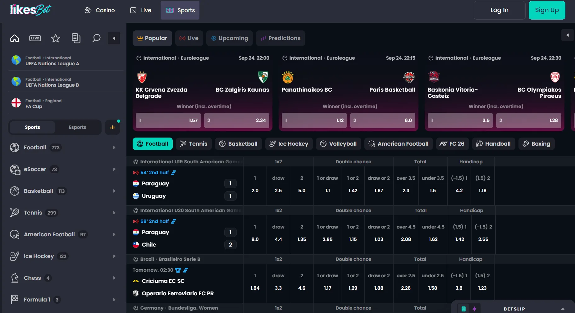 Actuele Likesbet-interface met casino- en sportnavigatie